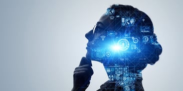 graphic with person making thinking gesture with technology imagery